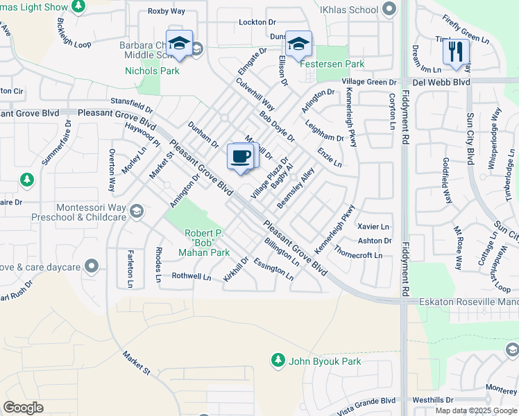 map of restaurants, bars, coffee shops, grocery stores, and more near 2180 Pleasant Grove Boulevard in Roseville