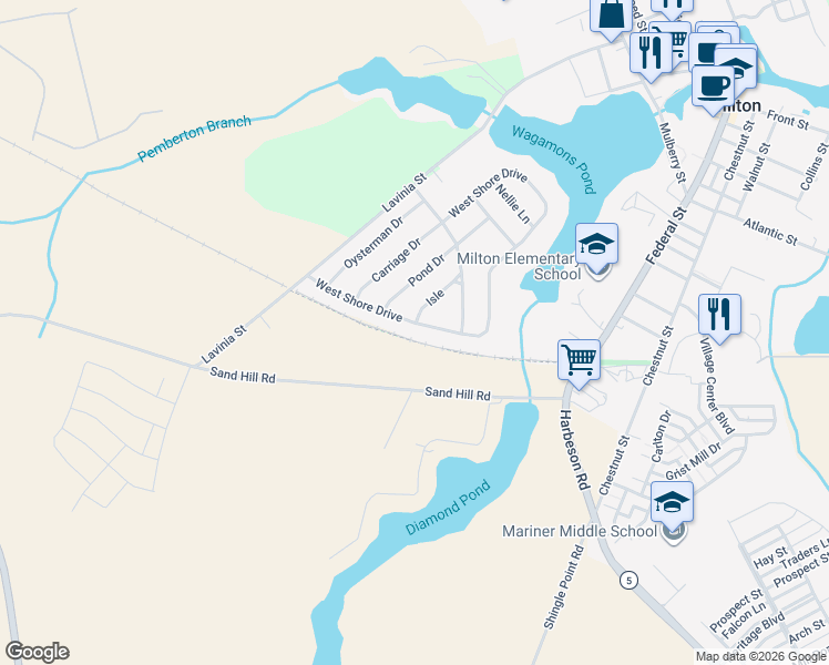 map of restaurants, bars, coffee shops, grocery stores, and more near 218 West Shore Drive in Milton