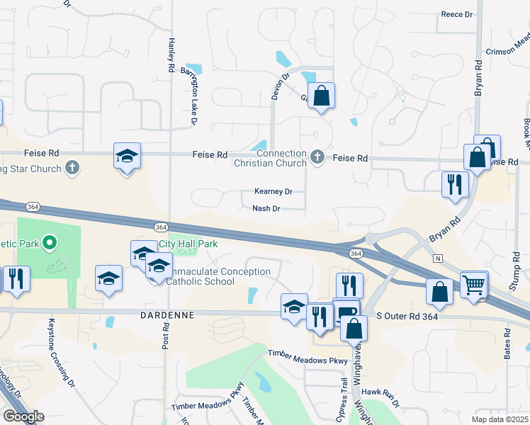 map of restaurants, bars, coffee shops, grocery stores, and more near 1612 Nash Drive in O'Fallon