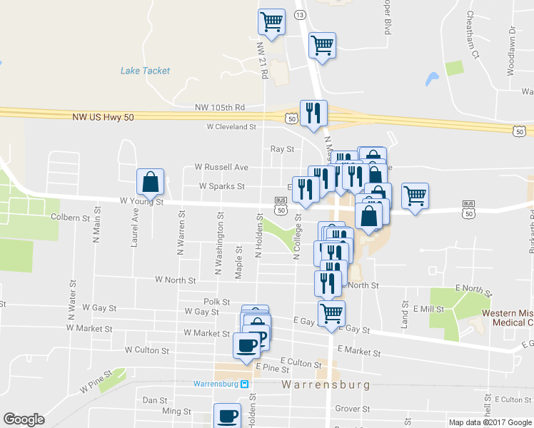 map of restaurants, bars, coffee shops, grocery stores, and more near 100 East Young Avenue in Warrensburg