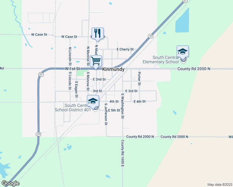 map of restaurants, bars, coffee shops, grocery stores, and more near 301 East 3rd Street in Kinmundy