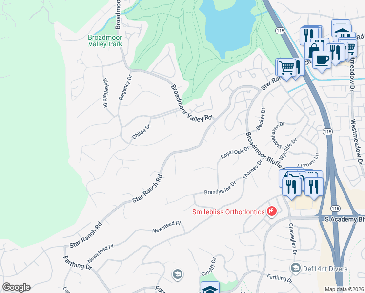 map of restaurants, bars, coffee shops, grocery stores, and more near 4270 Star Ranch Road in Colorado Springs