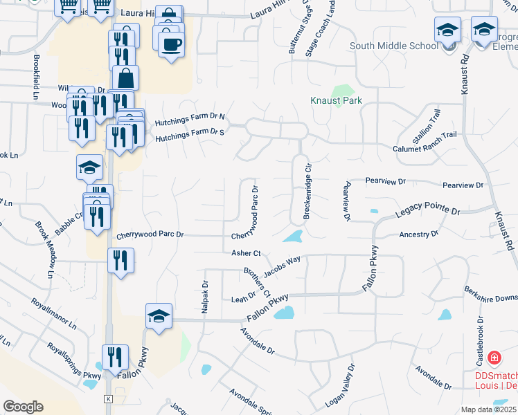map of restaurants, bars, coffee shops, grocery stores, and more near 256 Cherrywood Parc Drive in O'Fallon