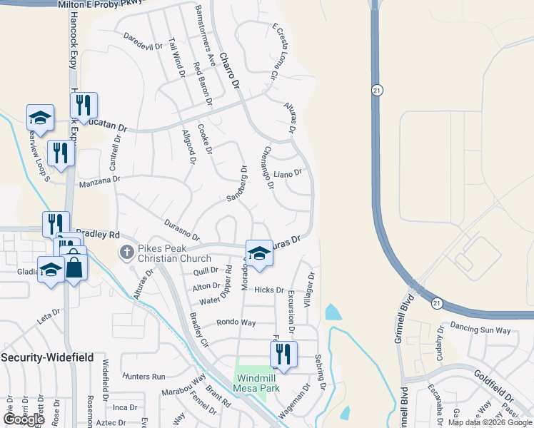 map of restaurants, bars, coffee shops, grocery stores, and more near 4217 Arvol Circle in Colorado Springs