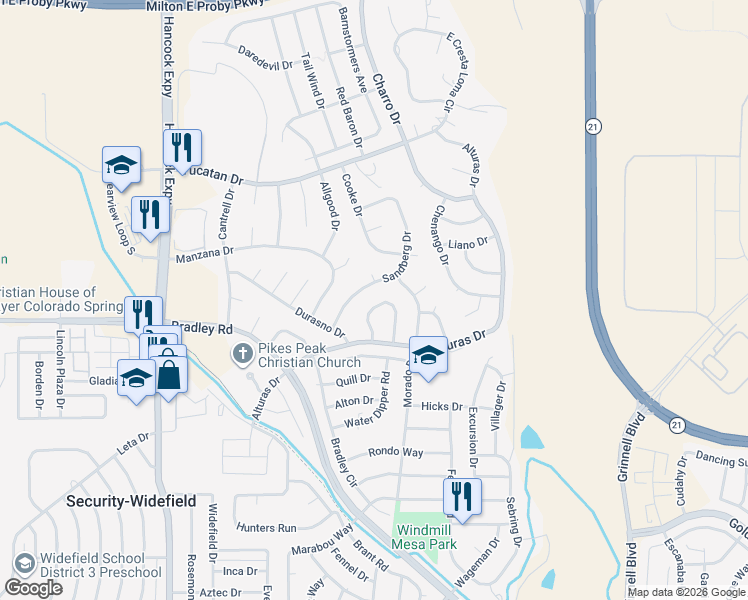 map of restaurants, bars, coffee shops, grocery stores, and more near 5135 Alturas Circle in Colorado Springs