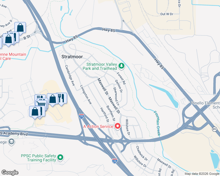 map of restaurants, bars, coffee shops, grocery stores, and more near 1218 Sherwood Lane in Colorado Springs