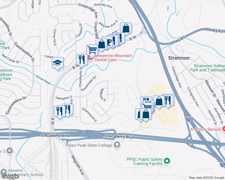 map of restaurants, bars, coffee shops, grocery stores, and more near 4231 College View Drive in Colorado Springs