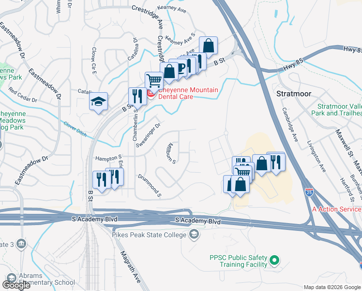map of restaurants, bars, coffee shops, grocery stores, and more near 4244 Millburn South in Colorado Springs
