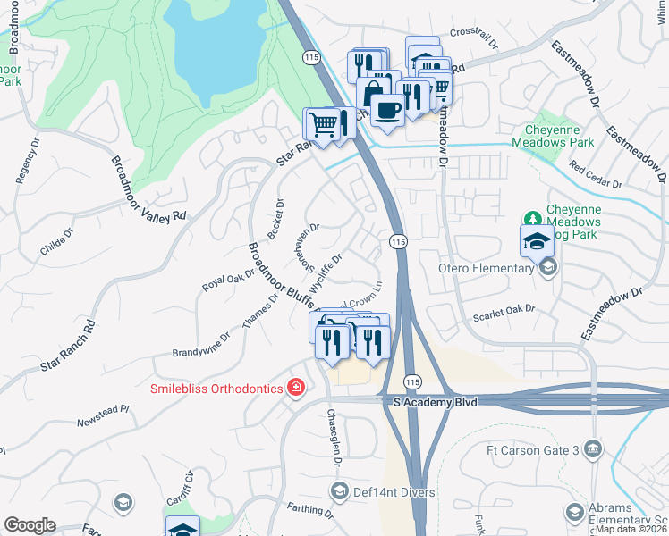 map of restaurants, bars, coffee shops, grocery stores, and more near 4425 Stonehaven Drive in Colorado Springs