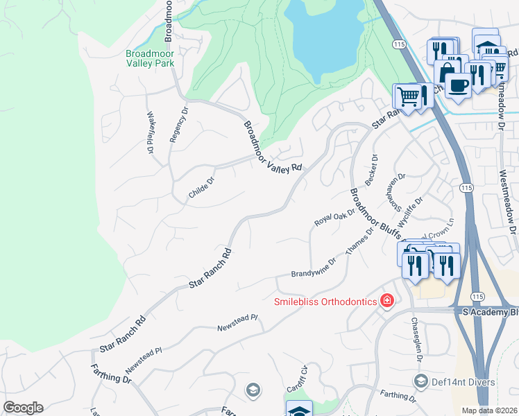 map of restaurants, bars, coffee shops, grocery stores, and more near 4270 Star Ranch Road in Colorado Springs