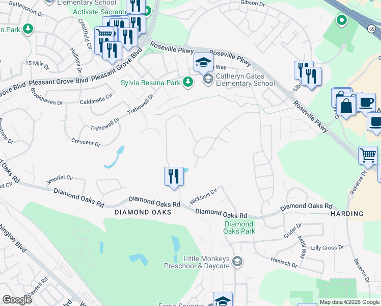 map of restaurants, bars, coffee shops, grocery stores, and more near 2188 Belvedere Circle in Roseville