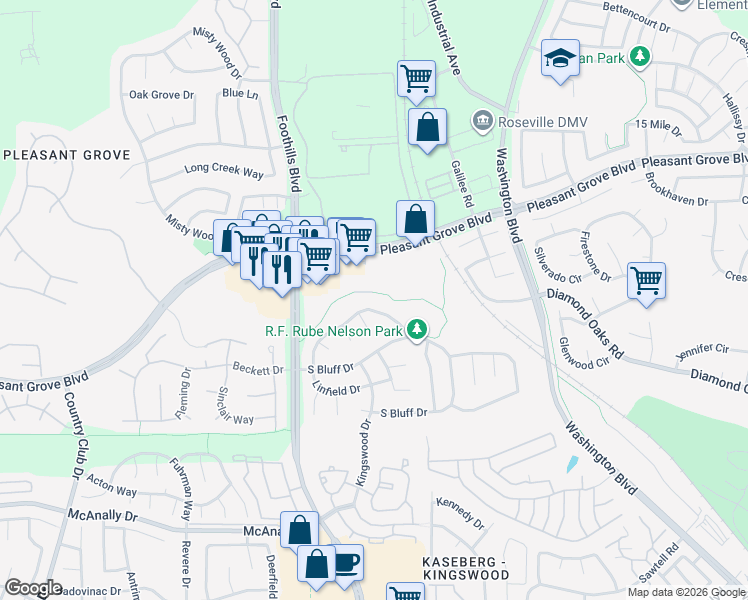 map of restaurants, bars, coffee shops, grocery stores, and more near 1264 Palmerston Loop in Roseville