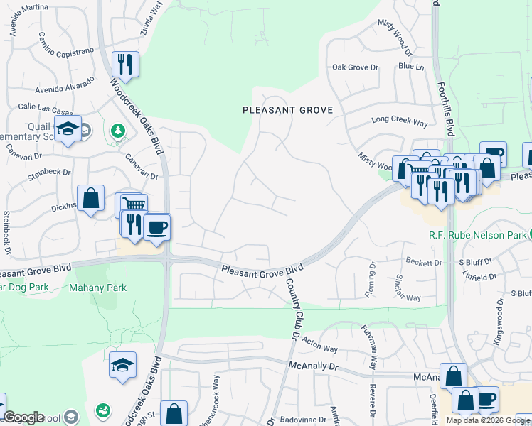 map of restaurants, bars, coffee shops, grocery stores, and more near 1516 Mcmindes Drive in Roseville