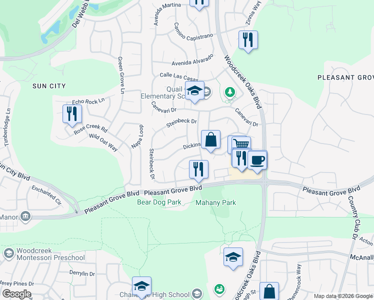 map of restaurants, bars, coffee shops, grocery stores, and more near 1527 Michener Drive in Roseville