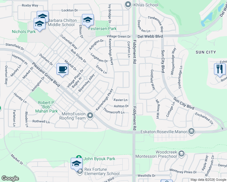 map of restaurants, bars, coffee shops, grocery stores, and more near 2016 Xavier Lane in Roseville