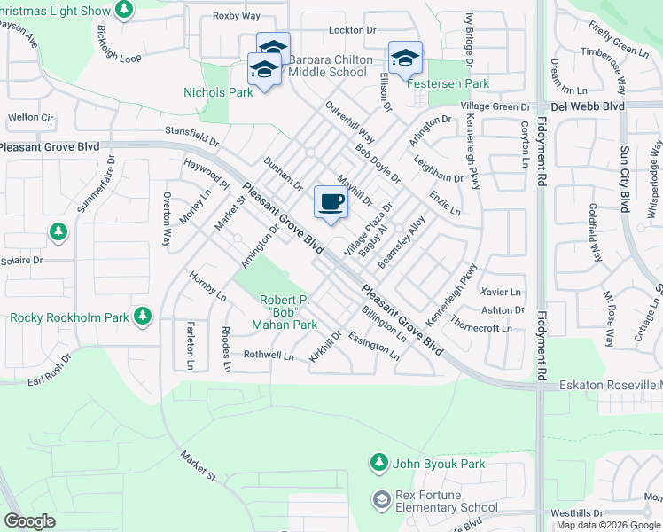 map of restaurants, bars, coffee shops, grocery stores, and more near 2197 Pleasant Grove Boulevard in Roseville
