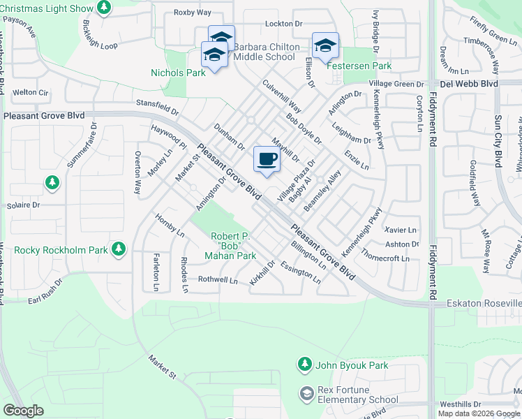 map of restaurants, bars, coffee shops, grocery stores, and more near 5033 Billington Lane in Roseville