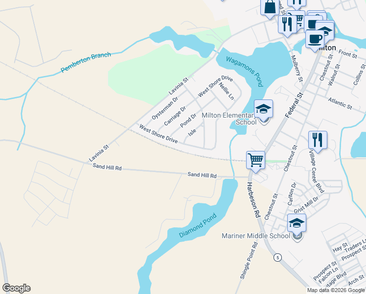 map of restaurants, bars, coffee shops, grocery stores, and more near 218 West Shore Drive in Milton