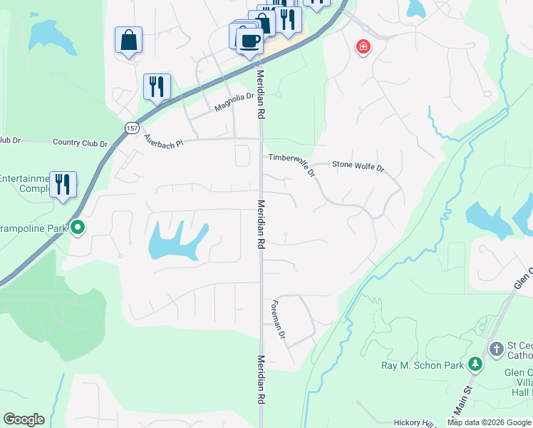 map of restaurants, bars, coffee shops, grocery stores, and more near 305 Meridian Road in Glen Carbon