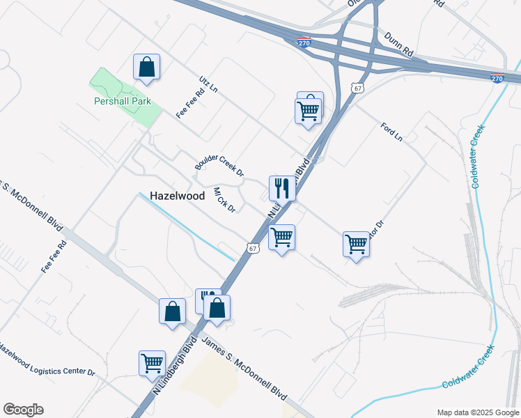 map of restaurants, bars, coffee shops, grocery stores, and more near 6065 North Lindbergh Boulevard in Hazelwood