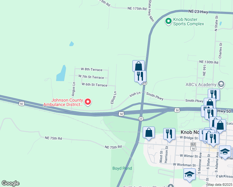 map of restaurants, bars, coffee shops, grocery stores, and more near 407 Elliott Lane in Knob Noster