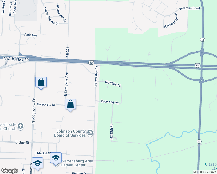 map of restaurants, bars, coffee shops, grocery stores, and more near 230 Northeast 85th Road in Warrensburg