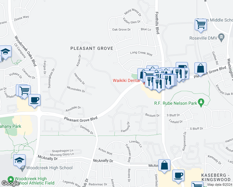 map of restaurants, bars, coffee shops, grocery stores, and more near 1609 Laporte Drive in Roseville