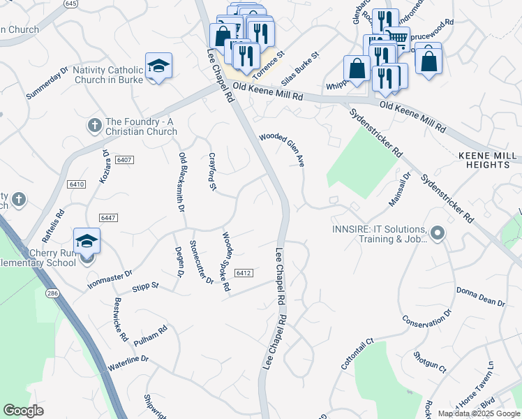 map of restaurants, bars, coffee shops, grocery stores, and more near 9509 Leathersmith Court in Burke