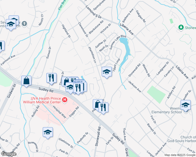 map of restaurants, bars, coffee shops, grocery stores, and more near 8463 Braxted Lane in Manassas