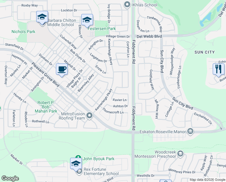 map of restaurants, bars, coffee shops, grocery stores, and more near 2016 Xavier Lane in Roseville