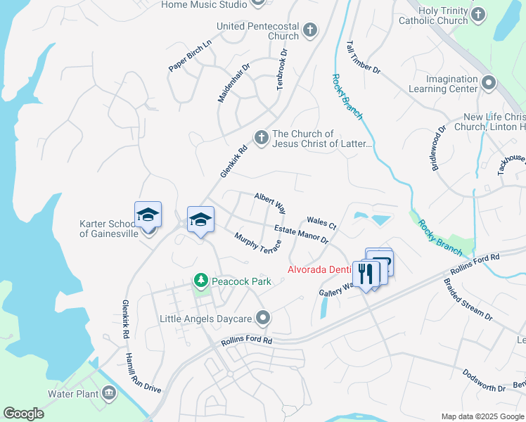 map of restaurants, bars, coffee shops, grocery stores, and more near 8208 Kerfoot Drive in Gainesville