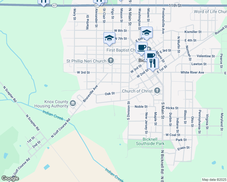 map of restaurants, bars, coffee shops, grocery stores, and more near 607 Oak Street in Bicknell