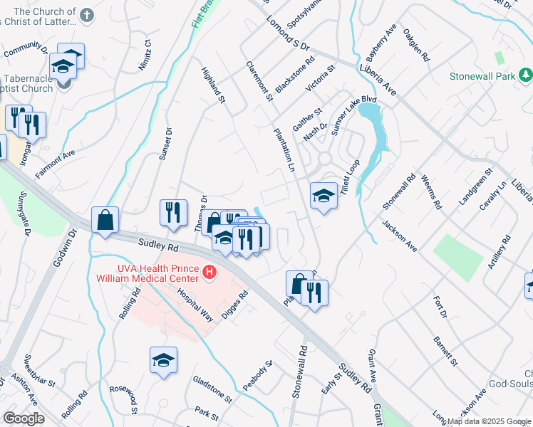 map of restaurants, bars, coffee shops, grocery stores, and more near 8668 Devonshire Court in Manassas