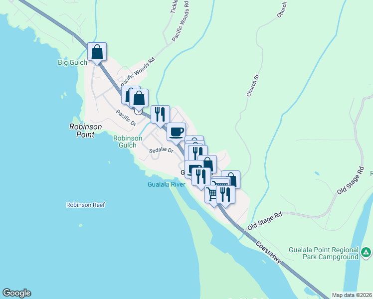 map of restaurants, bars, coffee shops, grocery stores, and more near 38934 Cypress Way in Mendocino County
