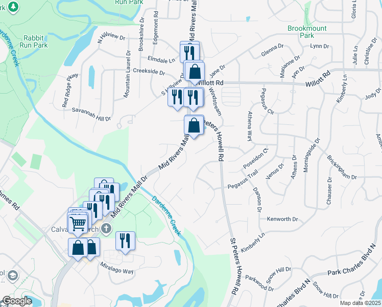 map of restaurants, bars, coffee shops, grocery stores, and more near 1117 Morning Star Lane in St. Peters