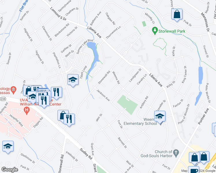 map of restaurants, bars, coffee shops, grocery stores, and more near 9253 Stonewall Court in Manassas