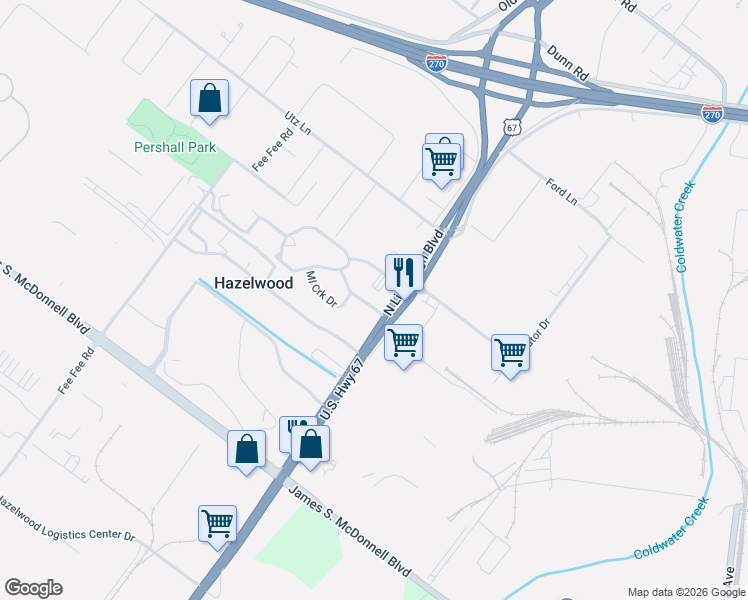 map of restaurants, bars, coffee shops, grocery stores, and more near 205 Chaparrall Creek Drive in Hazelwood