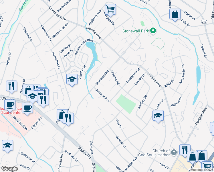 map of restaurants, bars, coffee shops, grocery stores, and more near 9253 Stonewall Court in Manassas