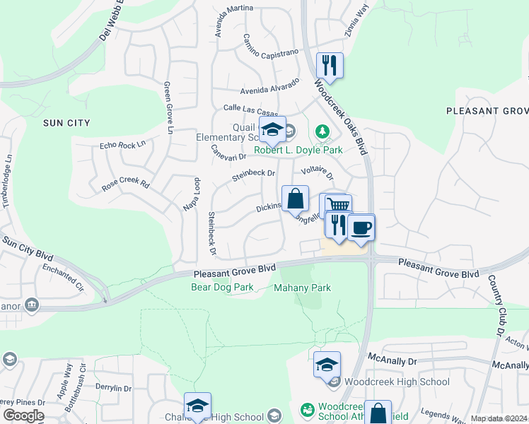 map of restaurants, bars, coffee shops, grocery stores, and more near 1528 Dickinson Drive in Roseville