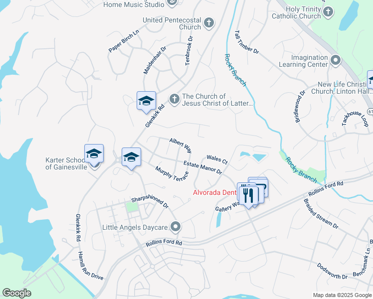 map of restaurants, bars, coffee shops, grocery stores, and more near 14021 Albert Way in Gainesville