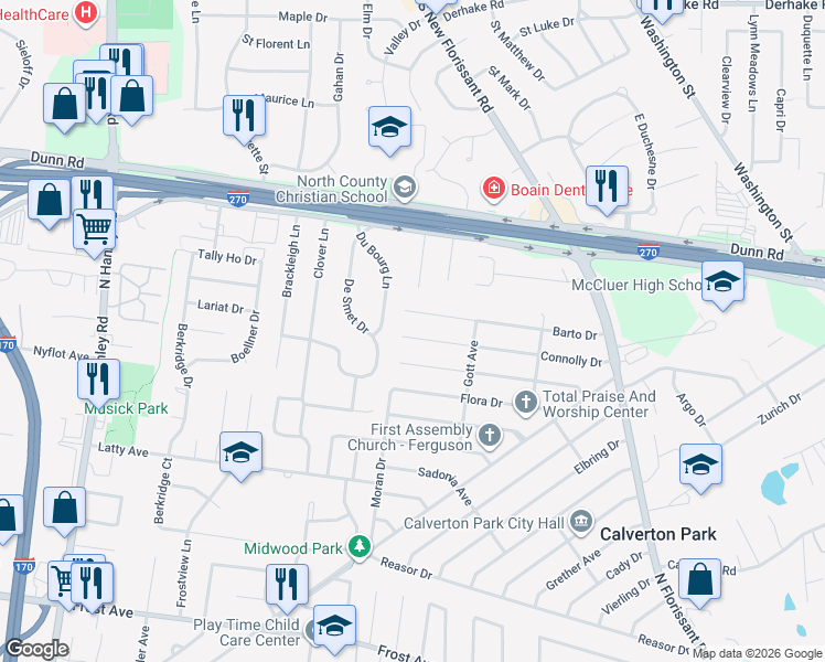 map of restaurants, bars, coffee shops, grocery stores, and more near 262 Connolly Drive in St. Louis