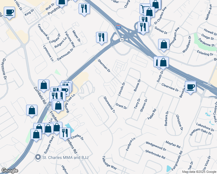 map of restaurants, bars, coffee shops, grocery stores, and more near 1745 Honeysuckle Drive in Saint Charles