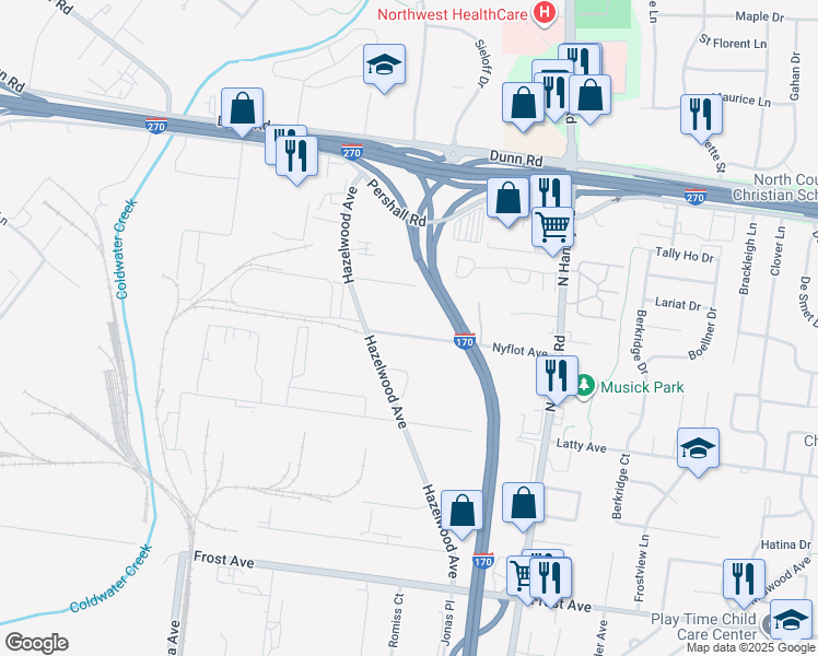 map of restaurants, bars, coffee shops, grocery stores, and more near 8819 Nyflot Avenue in Hazelwood