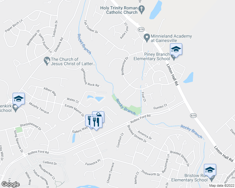 map of restaurants, bars, coffee shops, grocery stores, and more near 8590 Dover Downs Court in Gainesville