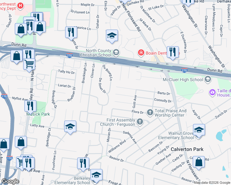 map of restaurants, bars, coffee shops, grocery stores, and more near 263 Connolly Drive in St. Louis