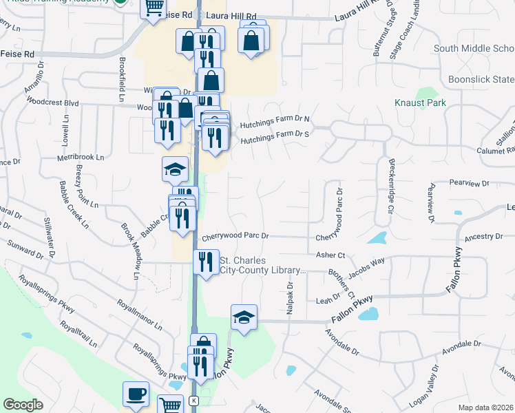 map of restaurants, bars, coffee shops, grocery stores, and more near 2643 Red Cedar Parc Drive South in O'Fallon