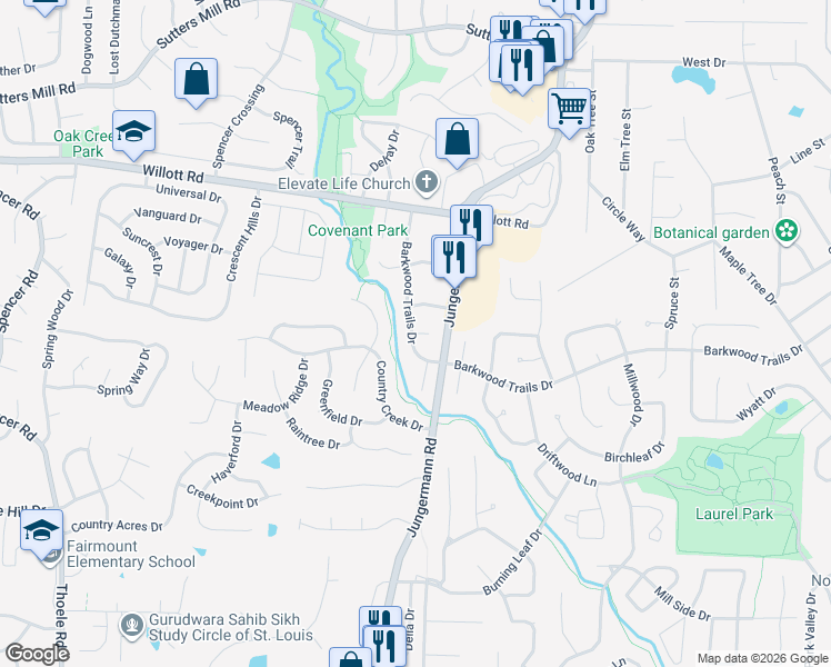 map of restaurants, bars, coffee shops, grocery stores, and more near 8 Barkwood Court in Saint Peters
