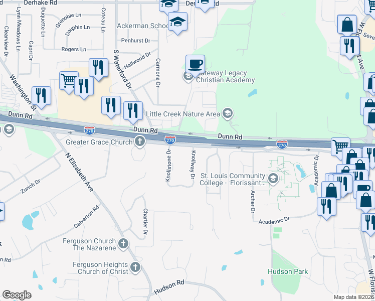 map of restaurants, bars, coffee shops, grocery stores, and more near 3582 Pershall Road in Ferguson