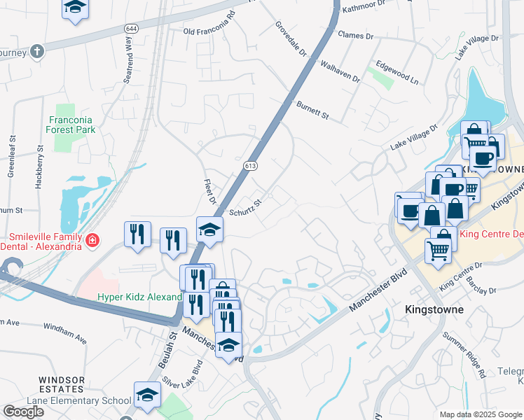 map of restaurants, bars, coffee shops, grocery stores, and more near 6819 Oregano Lane in Alexandria