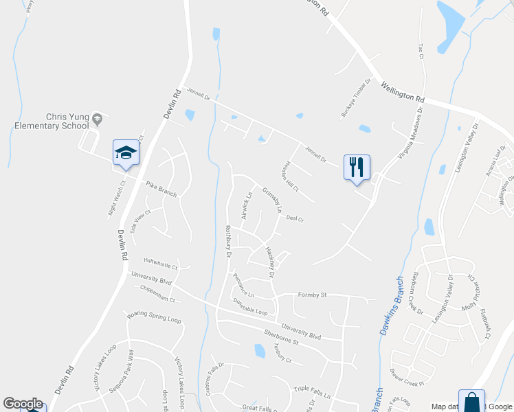 map of restaurants, bars, coffee shops, grocery stores, and more near 8644 Horncastle Court in Bristow